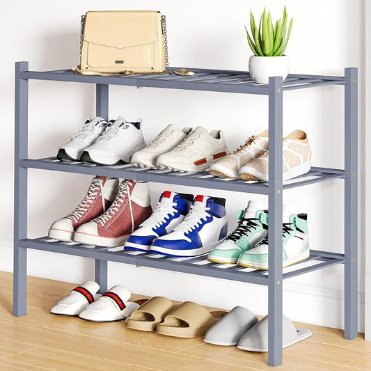 Smiry Bamboo Shoe Rack, 12 Vertical Slats, 3 Tier - 26.8" Wide, Grey | Stackable Free Standing Wooden Shoe Organizer, Wood Shoe Storage Shelf for Closet, Entryway