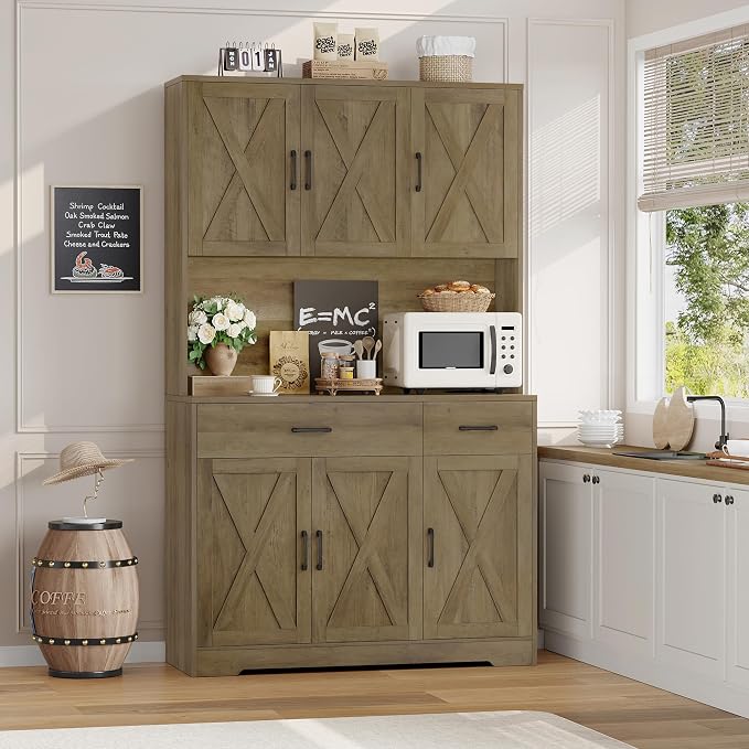 HOSTACK 71" H Kitchen Pantry Storage Cabinet,Farmhouse Hutch Cabinet, Brown | Space-Saving Pantry Cabinet with Charging Station & 2 Large Drawers & Adjustable Shelves, Tall Kitchen Hutch for Dining Room