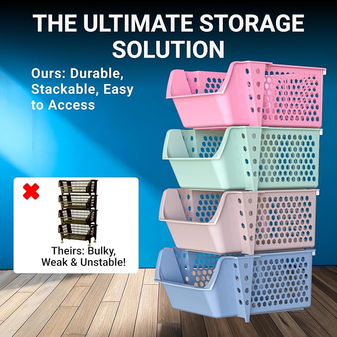 Skywin Stackable Storage Bins Open Front for Pantry Storage, 4 Pack - Multi | Sturdy Plastic, Easy Stacking, Breathable & Open Front Design, Pantry Storage for Snacks, Toiletries, and Small Essentials