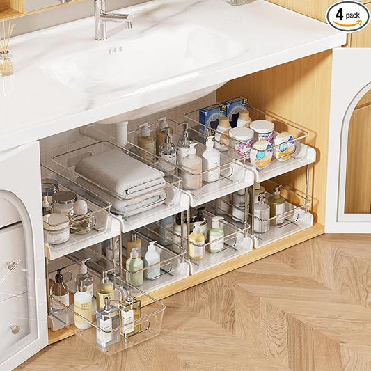 Vtopmart 4 Pack Pull Out Bathroom Under Sink Organizer (S-Standard, White) | Slide-out drawers, Multi-purpose storage, Clear visibility, Easy Set-up