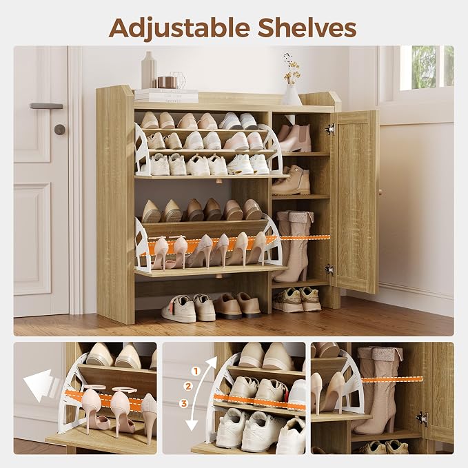 Shoe Cabinet Storage for Entryway with 2 Flip Drawers(3-Tier), Rattan Freestanding with Door & 3 Adjustable Shelve,Hidden Shoe Rack Organizer for Hallway, Foyer