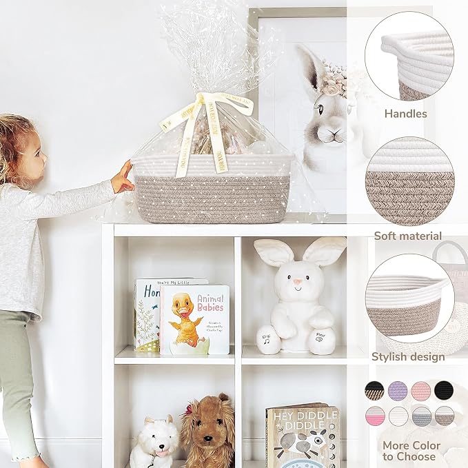 CHICVITA Large Gift Basket Empty with Bags & Ribbon to Fill, Brown | 13.6"x 10" x 6" Woven Gift Basket Empty to Fill for Holiday, Rope Baskets for Organizing, Birthday Basket, Dog Toy Basket