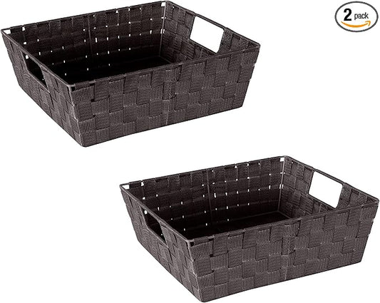 Simplify Large Shelf Woven Strap Tote | Decorative Storage Basket | Built in Handles | Organization | Closet | Bedroom | Bathroom | Nursery | Accessories | Toys | Gifts | 2 Pack | Chocolate
