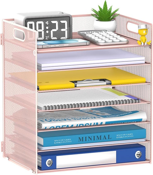 7 Tier Paper Organizer for Desk with Letter Trays & Handle | Black Desk File Organizer with Handle for Sorting Papers, Files, Folders, Mail, Bills and Office Supplies