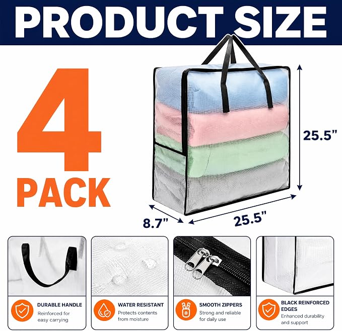 Fasmov 4 Pack Oversized Clear Storage Bag with Handles and Zippers, Vinyl Storage Bag for Comforter, Blanket, Bedding, Duvet, Transparent Moving Tote, Under the Bed Storage, Garage Organizer