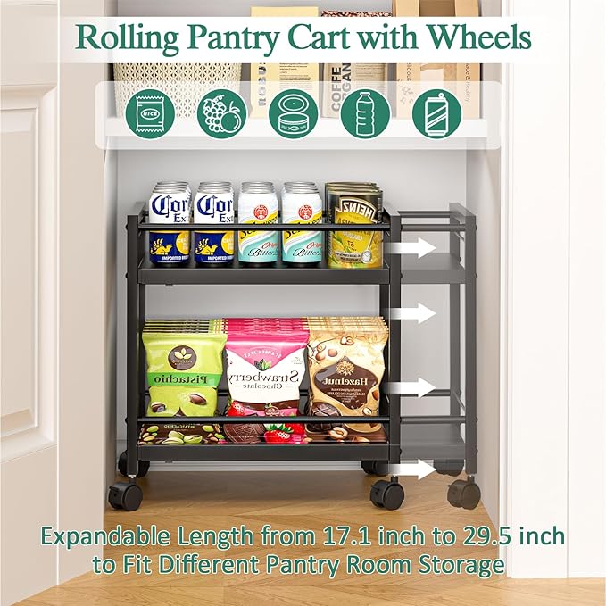 2-Tier Expandable Rolling Pantry Cart with Wheels, Adjustable Floor Organizer for Kitchen Pantry, Can Organizer for Pantry, Storage Cart for Snack, Food, Vegetables, Black, Patent Pending