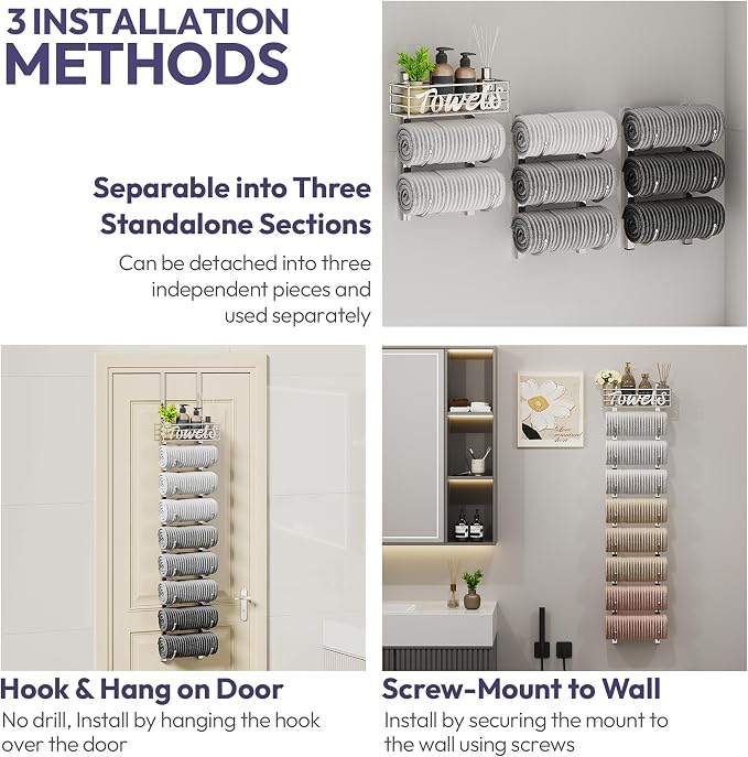 SWTYMIKI Hanging Towel Racks for Bathroom - 9 Tier Over the Door & Wall Mounted Bath Rolled Towel Storage Organizer Holder for Small Bathroom, RV, Camper (Polished Nickel, 9-Tier)