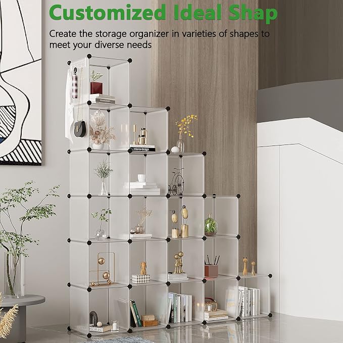 C&AHOME 20-Cube Shelf, Plastic Cube Storage Organizer, DIY Bookshelf White | Stackable Modular Closet Cabinet Ideal for Bedroom, Living Room, Office, 48.4" L x 12.4" W x 60.6" H