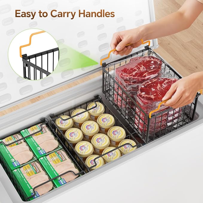 Freezer Organizer Bins, 6 Pack Enlarged Baskets for 5-9 Cu.FT Deep Freezer | Stackable Chest Freezer Organizer Bins, Foldable with Handles, Black Storage Container Baskets for Sort Frozen Meats