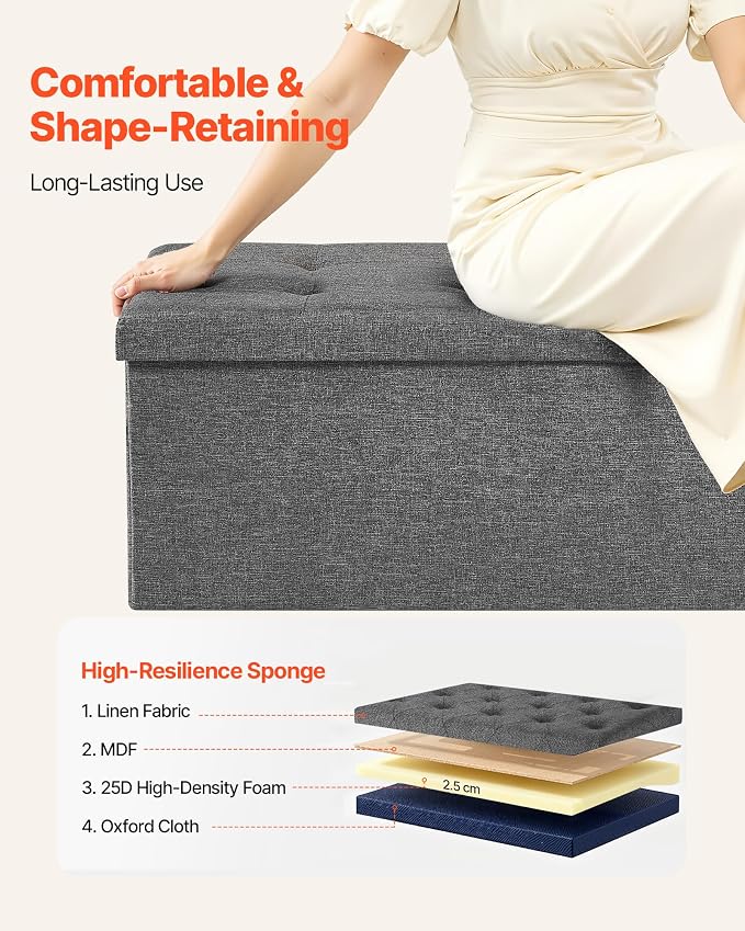 VEVOR Foldable Storage Ottoman Bench, End of Bed Bench with Side Bags, Folding Upholstered Storage Chest Supports 660 lbs, Linen Bed Ottoman with Large Space for Living Room, Bedroom, Entryway, Grey
