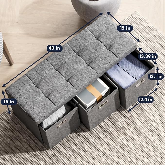 Ornavo Home 40 Inch Storage Ottoman with 3 Drawers, Tufted Linen, Gray | Foldable Large Bench Design; Foot Rest Stool Seat; Ideal for Living Room, Bedroom or Entryway