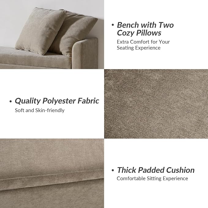 HULALA HOME 59" Storage Bench with 2 Throw Pillows & Armrests, Brown | Modern Long Bedroom Bench for End of Bed, Comfy Upholstered Fabric Footstool for Entryway Living Room