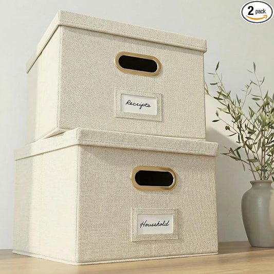 Decorative File Organizer Box Set of 2 - Collapsible Linen Filing Cabinets with Handles Are Perfect to Store All Your Documents & Hanging File Folders - Portable Easy Slide Office Crates with Lid