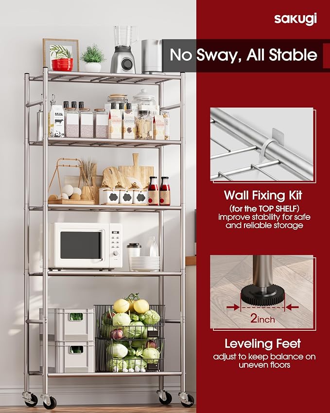 Sakugi 5-Tier Storage Shelves 33.1" x12.6' x73.5 Silver with Wheels | Kitchen, Closet, Pantry, Garage, Heavy Duty, Adjustable Feet, Metal Construction