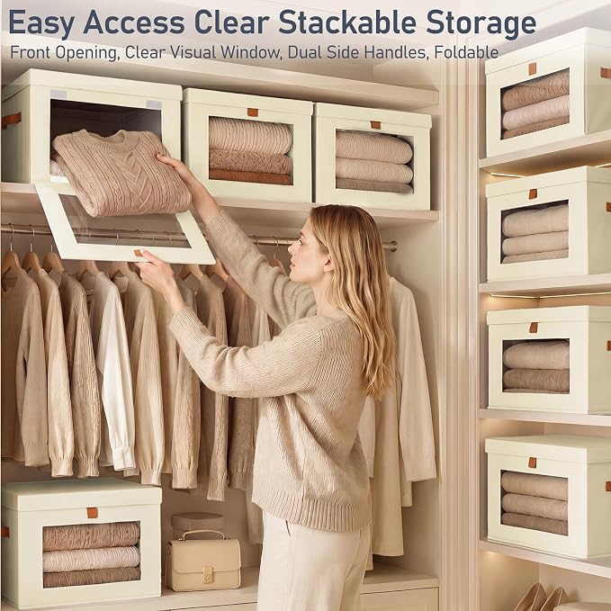 DIMJ Storage Bins with Lids - 5 Pack Front Opening Stackable Fabric Storage Boxes with Clear Window & Handles, Collapsible Closet Organizers for Clothes, Sweaters, Shelf Storage, Bedroom, Beige