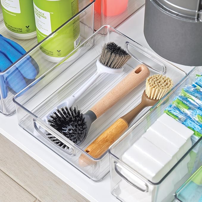 iDesign Plastic Stackable Pantry Bin, Set of 4, Clear | Organizer Bin with Handles, For Cabinets or Fridge