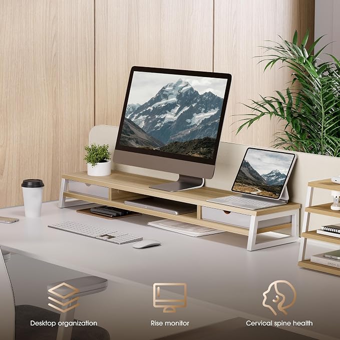 Fenge Dual Monitor Stand Riser, 42.5in Desk Shelf with 2 Drawers, Oak | 2-Tier Monitor Shelf for Desk, Storage Drawer with Stopper, Frosted, fit Home Office, Ultrawide Screen, PC, Laptop, TV