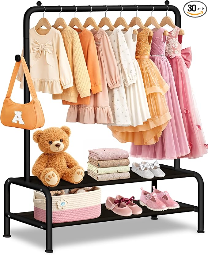 mirolam Kids Clothing Rack - Small Garment Rack - Small Kids Costume Wardrobe Rack with 2 Fabric Floors Storage Shelf - Mini Short Baby Toddler Clothes Rack