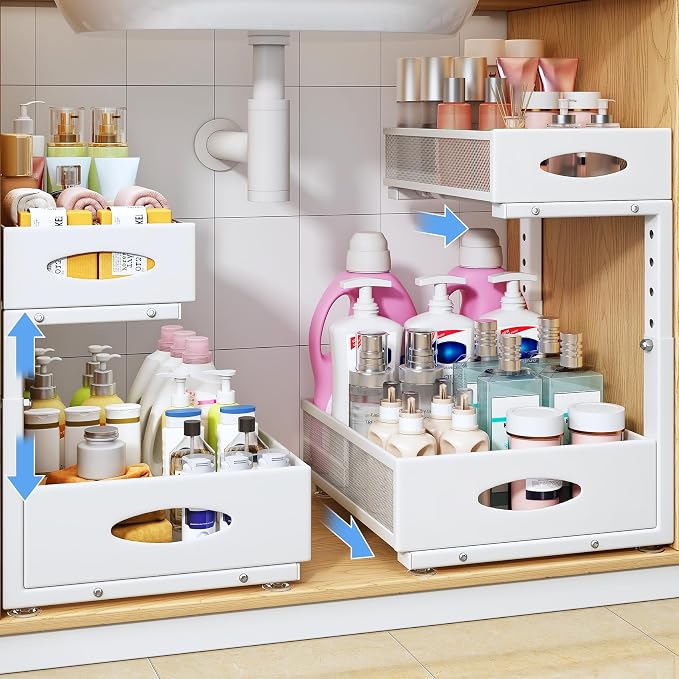 Under Sink Organizer, 2 Tier Pull Out Under Cabinet Organizer Shelf with Pad for Framed Cabinets, Metal Slide Out Under Sink Storage, Mesh Sliding Drawers for Kitchen Bathroom Laundry(White, 1 Pack)