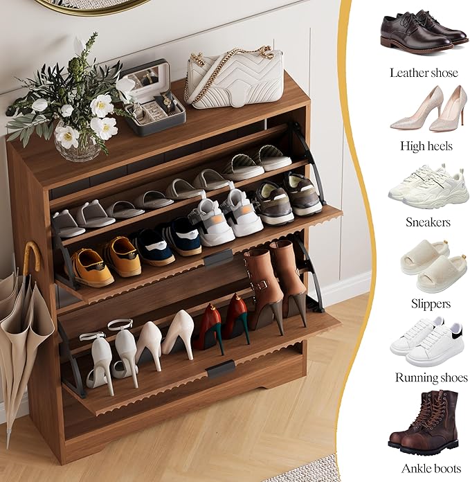 HUANLEGO Shoe Cabinet Storage for Entryway with 2 Flip Drawers, Walnut Fluted Shoe Cabinet with Open Storage, Wooden Hidden Shoe Rack Freestanding Narrow Slim Shoes Organizer for Hallway, Entrance