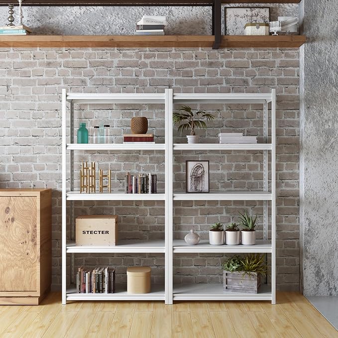 5 Tier Metal Storage Shelves Adjustable Garage Shelving, Heavy Duty Industrial Utility Rack Organization for Kitchen, Pantry, Closet, Garage, Office (White)