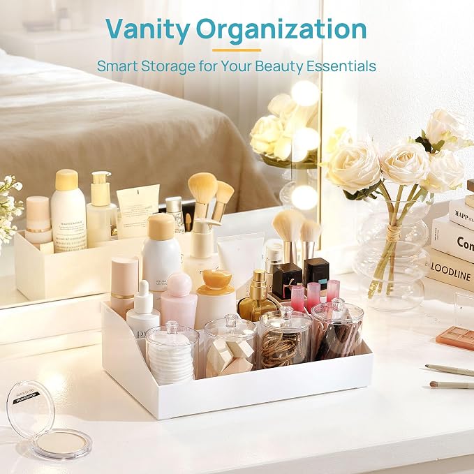 Vtopmart 5 PCS Bathroom Countertop Organizer Sets, White | 1 Divided Tray with 4 Qtip Holder Jars, For Toothbrush, Cotton Pads Balls, Floss, For Bathroom Countertop
