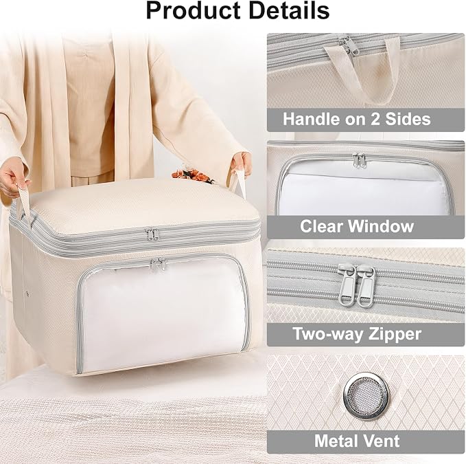 Comforter Storage Bag - 130L Blanket Storage Bags Front-opening Ultra Space Saving Self Compression Organizer, Washable Compression Bags for Storage Comforter Blanket, 2 Pack, Beige