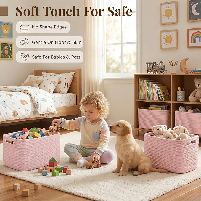 OIASKET 4Packs Natural Cotton Rope Storage Baskets for Organizing Toys, Clothes, Towels & Books, Soft Versatile Organizers for Shelves, Home Decorative Bins, 13''Lx9''Wx7.8''H, Pink