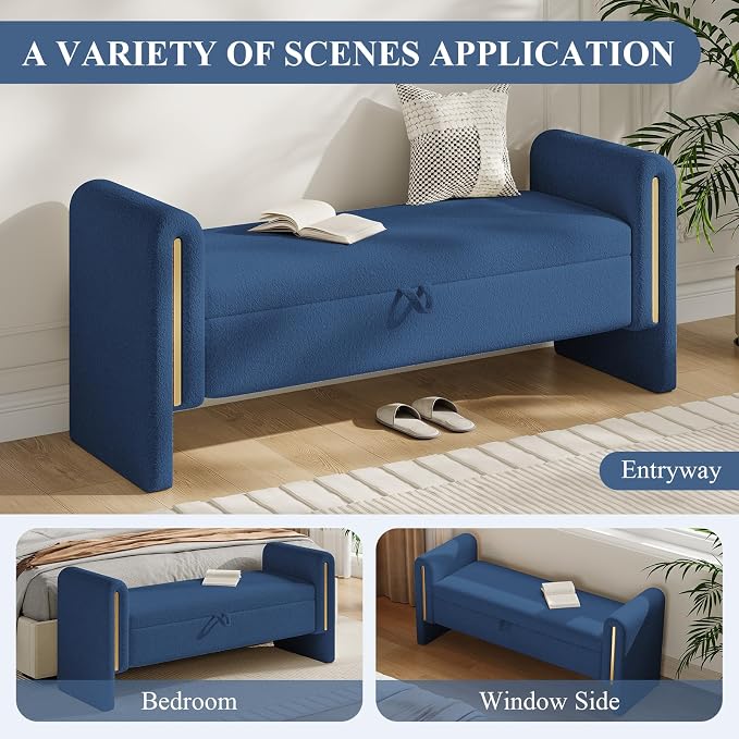 Storage Ottoman Bench, End of Bed Bench with Pull-Ring | 52" Teddy Upholstered, Window Bench with Armrest, Generous Storage, Safety Hinge, Holds 250 LBS, for Bedroom, Navy Blue