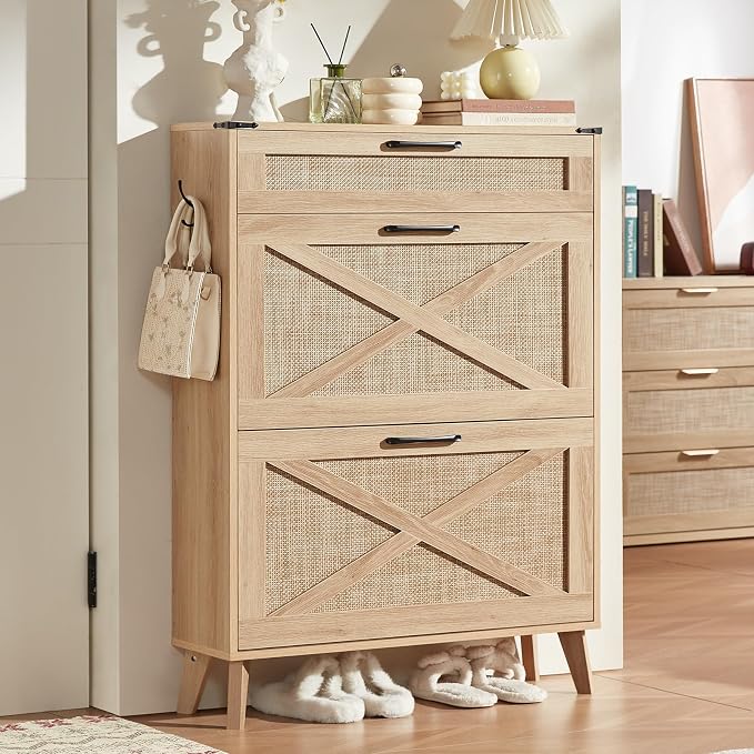 LEYAOYAO Shoe Cabinet Storage for Entryway with 2 Flip Drawers Rack Narrow Organizer Slim Hidden Wood Shoe Cabinet Furniture Natural Oak