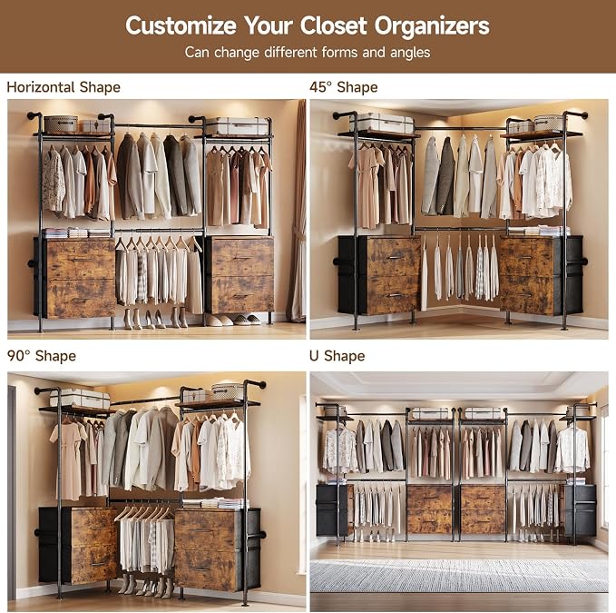 ONBRILL T4 Wall Mounted Closet System, Industrial Pipe Clothing Rack with 8 Wooden Shelves, 4 Drawers & 4 Hanging Rods (2 Expandable), Heavy Duty Closet Organizers and Storage System (Rustic Brown)