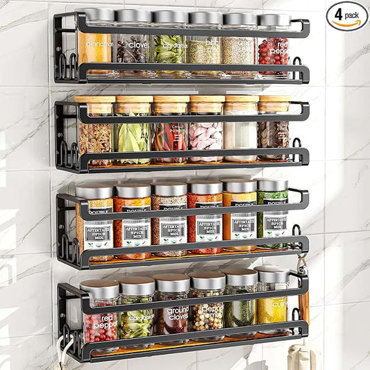 Doakhirmit Wall Mount Spice Rack, Black,4 Pack | 16 Hooks,Screw or Adhesive Installation , Hanging Organizer for Stove Cabinet Pantry Door Kitchen and RV Use