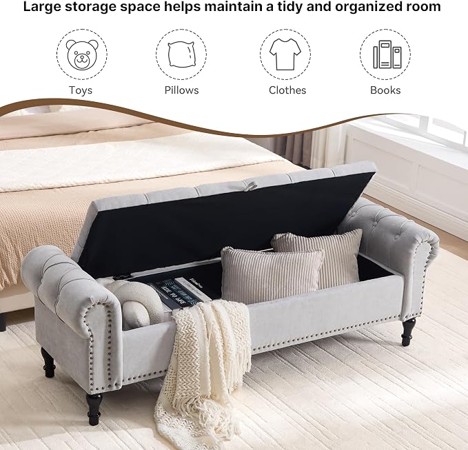 Storage Bed Bench for Bedroom, Chenille 67" End of Bed King Size Benches with Armrest, Tufted Button Upholstered Ottoman Bench for Living Room, Entryway, Silver Grey