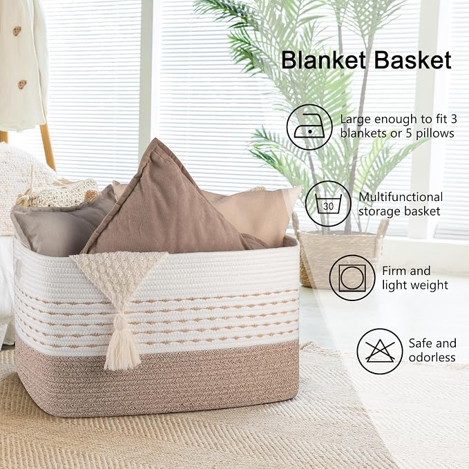 OIAHOM 75L Extra Large Blanket Basket, 22”x17”x15” Rectangle Woven Cotton Rope Baskets for Living Room, Toy Storage with Handle- Gradient Light Brown
