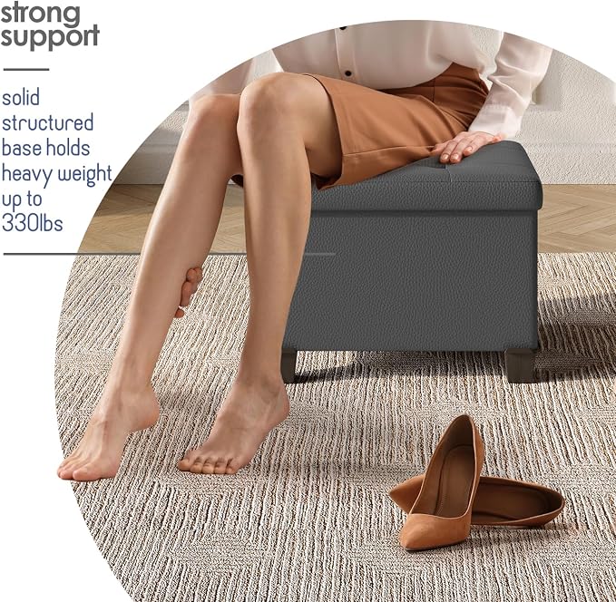 Storage Ottoman Cube with Small Bin, 16-in Square Ottoman with Storage for Living Room and Bedroom, Small Ottomans Foot Rest, Leather Foot Stools Ottomans Max 330lbs, Grey