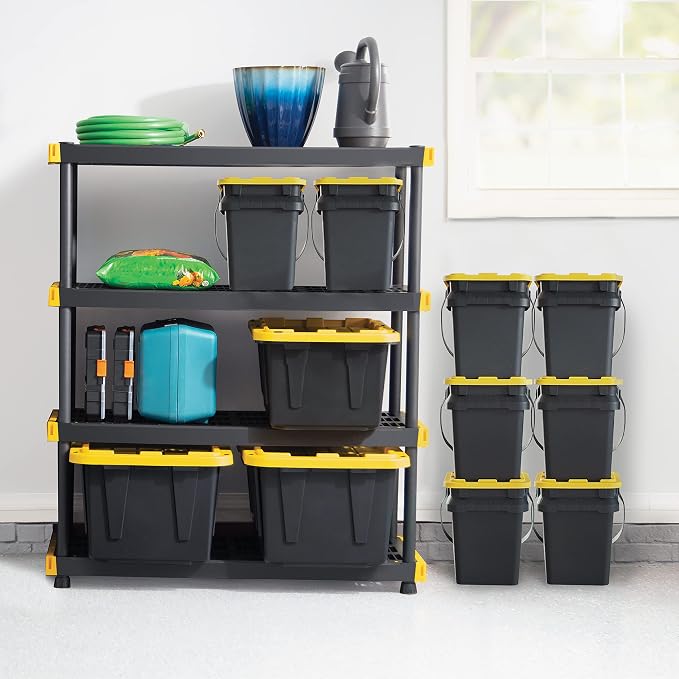CX Heavy Duty 4-Tier Garage Storage Shelves + 4-pack 27-Gallon Bins & Lids | Garage organizing system with 4-tier shelf + 4 plastic 27-gal totes, 200 lbs/shelf, 50.1H x 48W x 20D, Black & Yellow