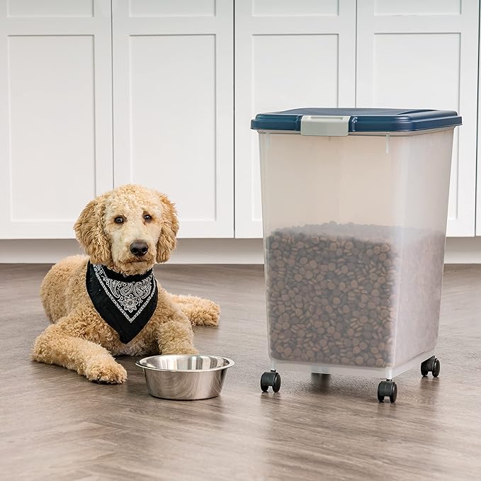 IRIS USA Dog Food Storage Container, Up to 54 Pounds, Attachable Wheels, For Dog Cat Bird and Other Pet Food Storage Bin, Keep Fresh, Easy Mobility - Made in USA, Navy