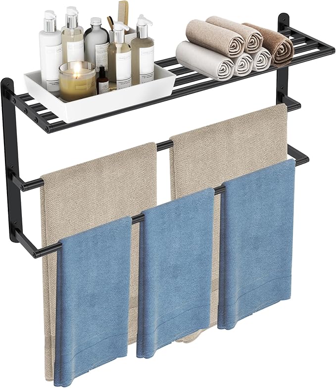 Matte Black 32 InchTowel Racks for Bathroom, VOTZAAQ Black Towel Shelf with Double Towel Bar, 3 Tier Stainless Steel Towel Storage, Bath Towel Holder Wall Mounted