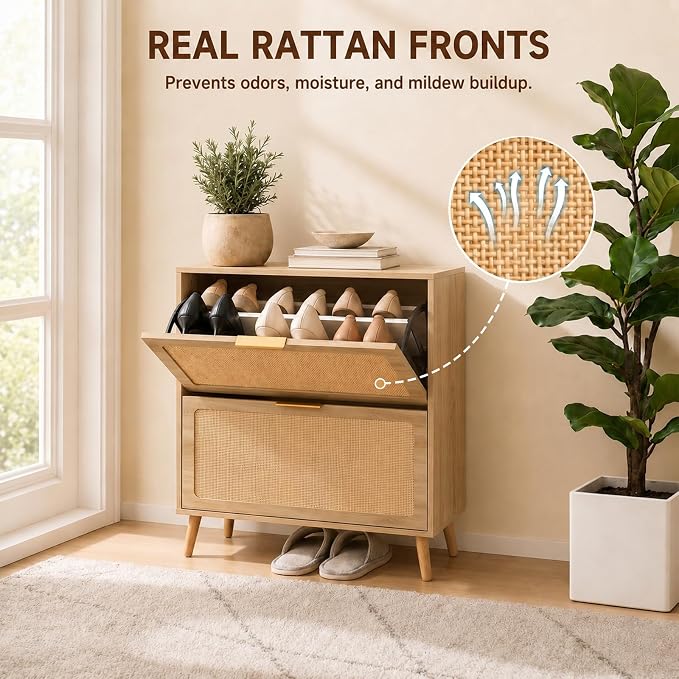Shoe Cabinet, Rattan Shoe Storage Cabinet for Entryway with Flip Drawers | 2 Flip Drawers, Breathable Rattan, Odor Resistant, Hidden Shoe Organizer, Slim Space Saving, Narrow Cabinet, Entryway Storage