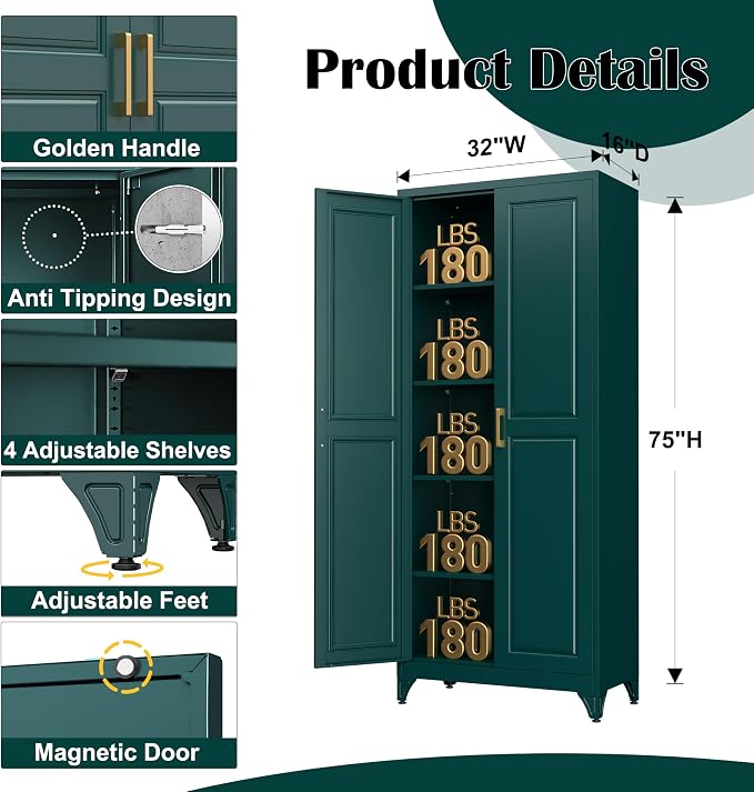 SteeLoong 75”Metal Pantry Storage Cabinet with Doors & 4 Adjustable Shelves | Kitchen Pantry Cabinet,Green Kitchen Cabinet with 2 Gold Handles,Tall Cabinet for Livingroom,Pantry, Bathroom,Kitchen,Garage
