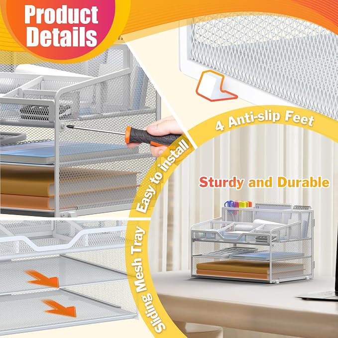 Docnest 3 Tier Mesh Desk Organizer with Letter Tray & Paper Sorter, White | Features 3 built-in pen holders & 5 adjustable compartments on top. Includes 4 non-slip rubber feet for desk protection