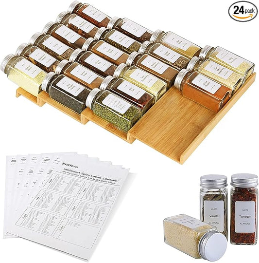 Spice Drawer Organizer with 24 Spice Jars,216 Labels,25 Non-slip Rubber, Bamboo 4 Tier Seasoning Rack Tray Insert for Kitchen Drawers,Cabinets,Countertop,11" Wide x 15.8" Deep
