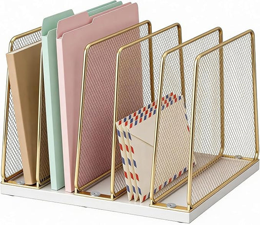 LEKETREE Gold Desk File Organizer, 5-Section Upright File Sorter, Vertical File Folder Holder, Mesh Metal Wood Office Desk Organizer for Document, Magazine, Books and more (White and Gold)