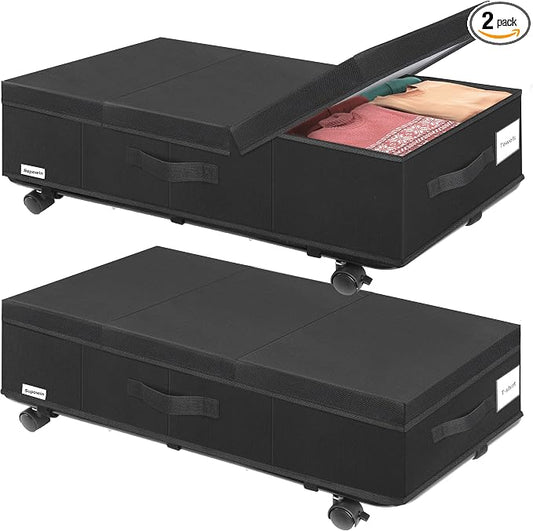 Supowin Under Bed Storage with Wheels, 2Pack Rolling Underbed Storage | 7.3 Inches Tall Under the Bed Container with Lids, Reinforced Handle, Reinforced Metal Bottom Support, 360° Rotating Wheels