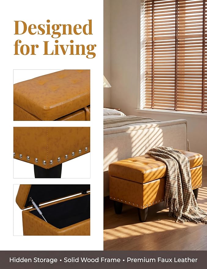 Ottoman with Storage, 28.5 inch Faux Leather Storage Ottoman with Padded Seat, Large Entryway Bench with Solid Wood Frame, Upholstered Sturdy Foot Rest for Living Room, Bedroom, Entryway