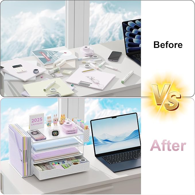 gianotter Wood Desk Organizers and Accessories with File Holder, 4-Tier Desk Accessories & Workspace Organizers with Drawer and Pen Holder, Desk Reference Organizer (White, 4T with Drawer)