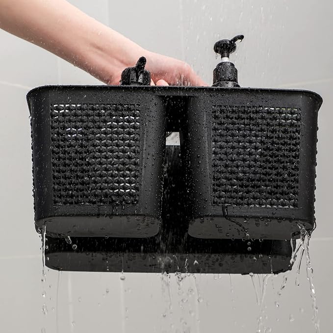 Plastic Portable Shower Caddy Basket with Handle, 3 Compartments, Black | Storage Organizer with Drain Holes, Sturdy and Durable For Bathroom, Kitchen, College Dorm, Sink, Camping