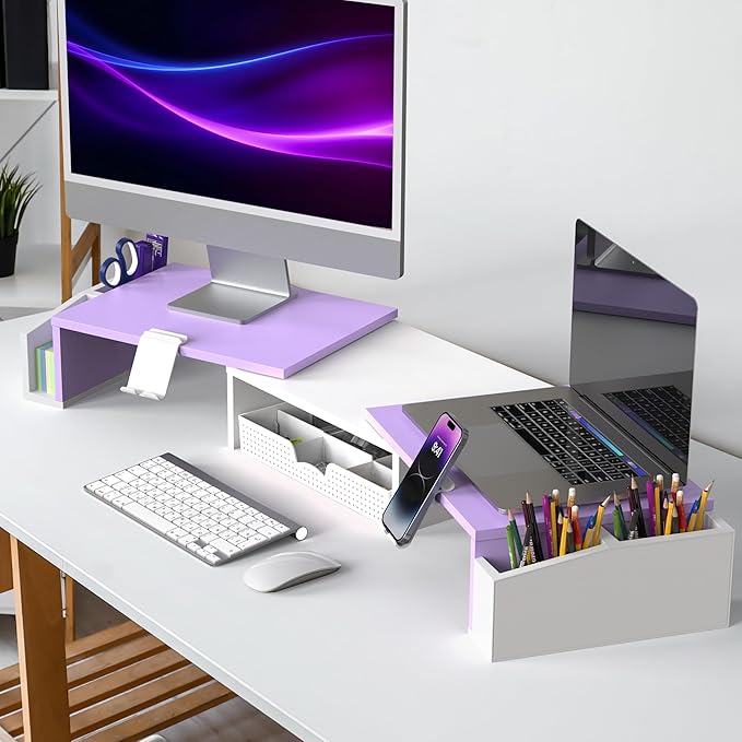 Simple Houseware Desk Dual Monitor Stand Riser with Drawer, Purple | Customizable Organizer Tray, Built-In Phone & Tablet Slot and Side Storage