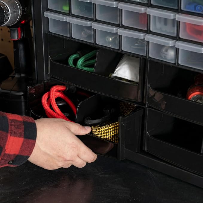 IRIS USA 32-Drawer Organizer with 4 Bins and Dividers, Garage Tool, Black | Wall mountable, Stackable, Hardware, Electronics, Teacher Toolbox, Small Parts, Nuts & Bolts, Screws