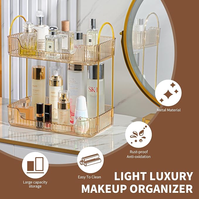 Akinbas 2 Tier Bathroom Organizer Countertop Makeup Perfume Tray Skincare Organizer for Bathroom Dresser Vanity (Gold)
